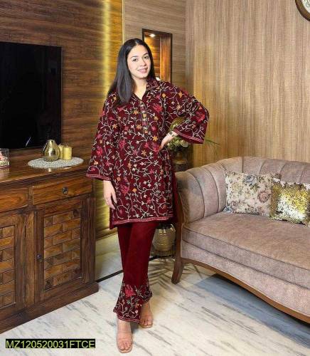 2 PCS Women's Stitched Katan Silk Embroidered Suit