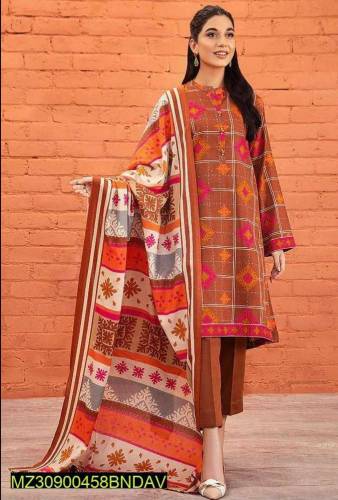 3pcs Women Unstitched Linen Printed Suit