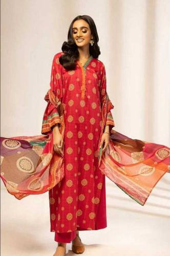 3pcs Women Unstitched Linen Printed Suit