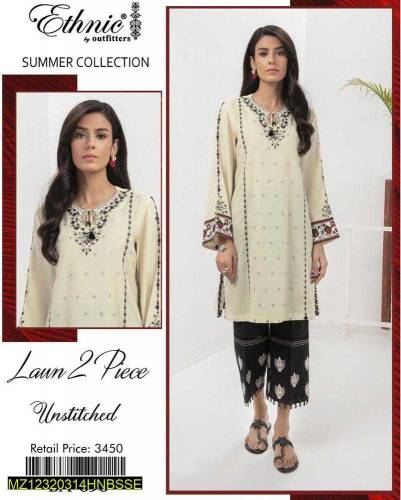 2 Pcs Women's Unstitched Lawn  embroidered Suit