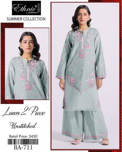2 Pcs Women's Unstitched Lawn  embroidered Suit