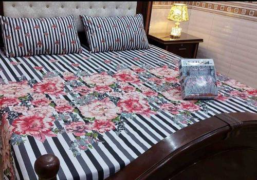 3 pcs king-size printed cotton double bedsheets 