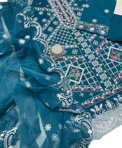 3 Pcs woman's unstitched lawn Embroidered suit 