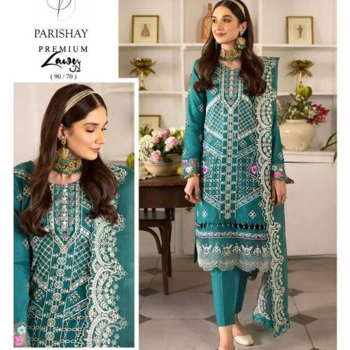3 Pcs woman's unstitched lawn Embroidered suit 