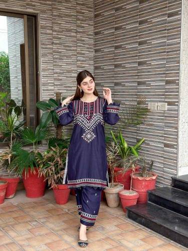 2 Pcs Women's Linen Printed Shirt and Trouser Free Home Delivery 