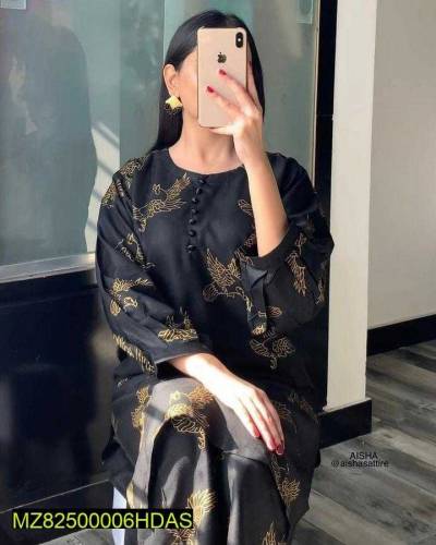 2 pcs women stitched lone embroided suit black colour