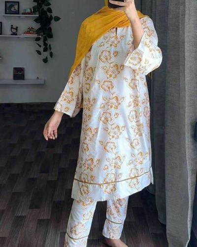 2Pcs women stitched linen block printed shirt and trouser