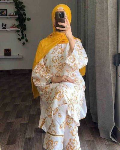 2Pcs women stitched linen block printed shirt and trouser