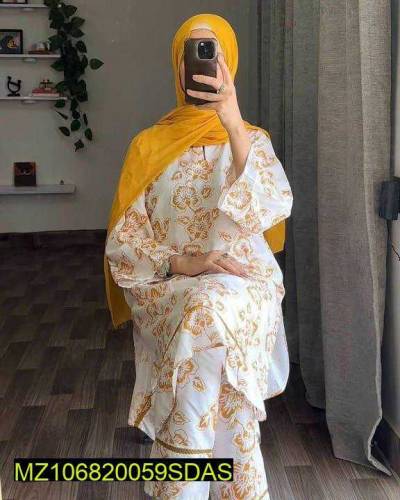 2Pcs women stitched linen block printed shirt and trouser