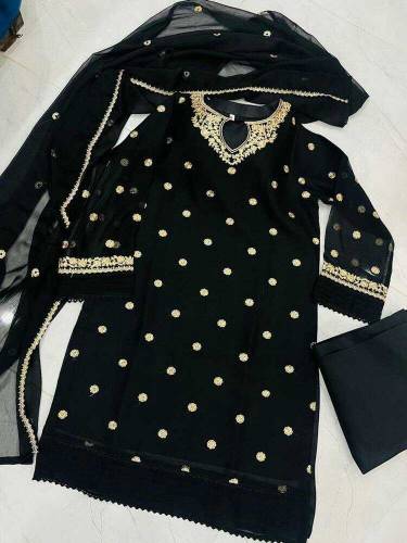 3 Pcs Woman's Stitched Chiffon Embroidered Suit 