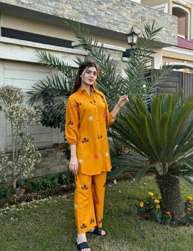 2 Pcs Woman's Stitched Linen Embroidered Suit 