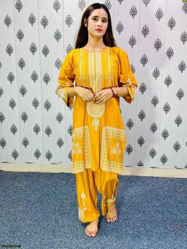 2 PCs Woman stitched Arabic LOWN Block printed  shirt and Trousers 