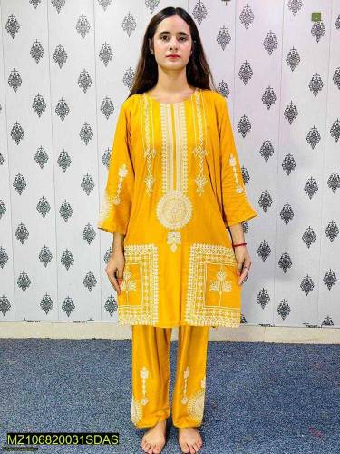 2 PCs Woman stitched Arabic LOWN Block printed  shirt and Trousers 
