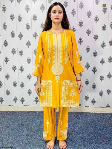 2 PCs Woman stitched Arabic LOWN Block printed  shirt and Trousers 