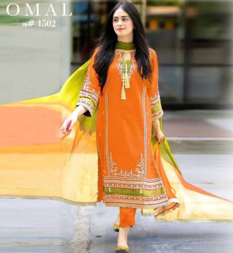 3 pcs woman's unstitched lawn embroiderd suit 
