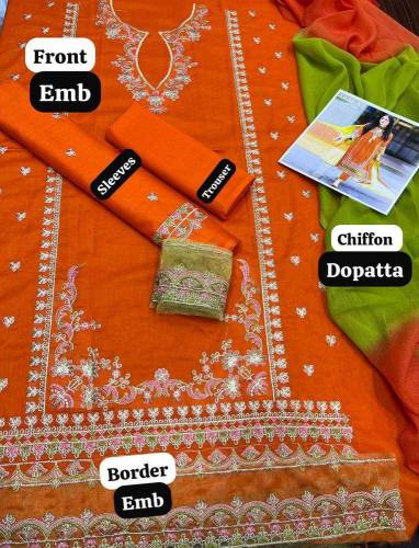 3 pcs woman's unstitched lawn embroiderd suit 