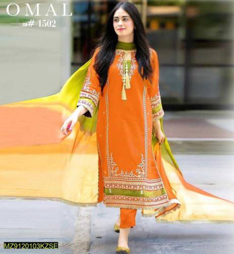 3 pcs woman's unstitched lawn embroiderd suit 