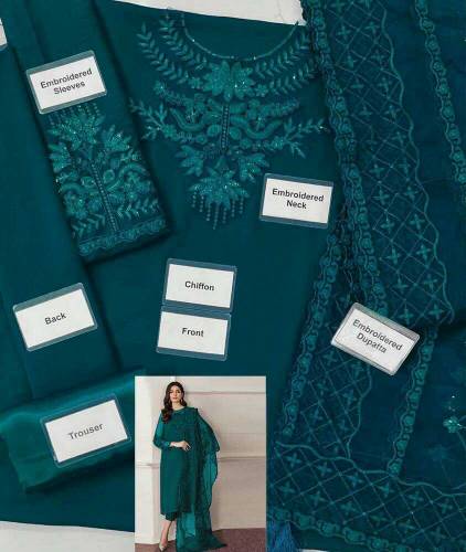 3 pcs women's unstiched chifoon sequins embroided suit