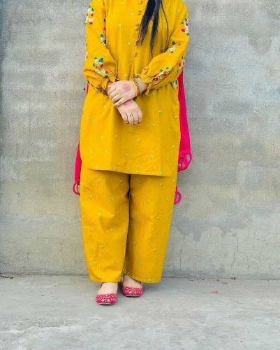 2 pcs women stitched cotton embroided shirt and trouser