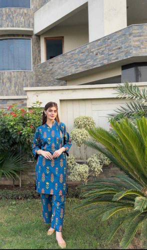 2 Pcs woman's stitched linen printed shirt And Trouser 