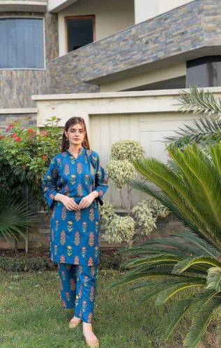 2 Pcs woman's stitched linen printed shirt And Trouser 