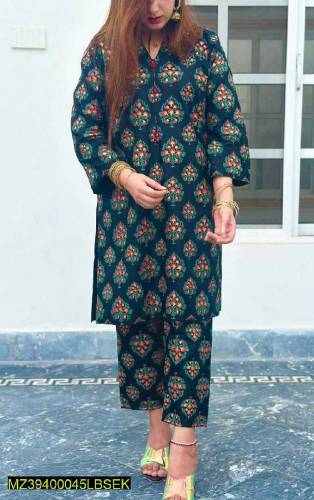 2 pcs woman's stitched linen block printed suit