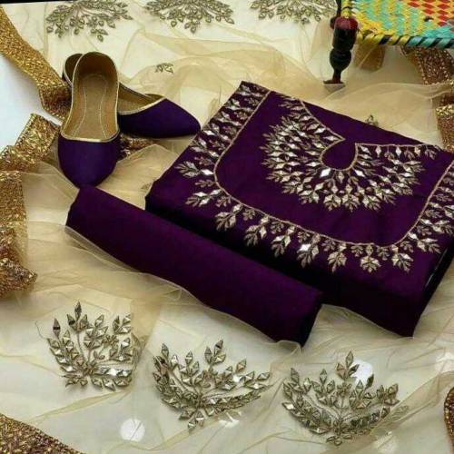 3 pcs women's unstitched katan silk embroided suit