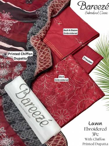 ▁▂▃▄▄﷽▄▄▃▂▁Sale Offer*Bareeze Fully Embroidered 3Pc With Printed Chiff