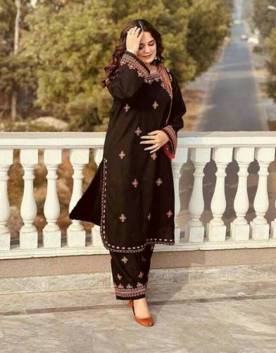 2pc Stitch Embroidered black dress 