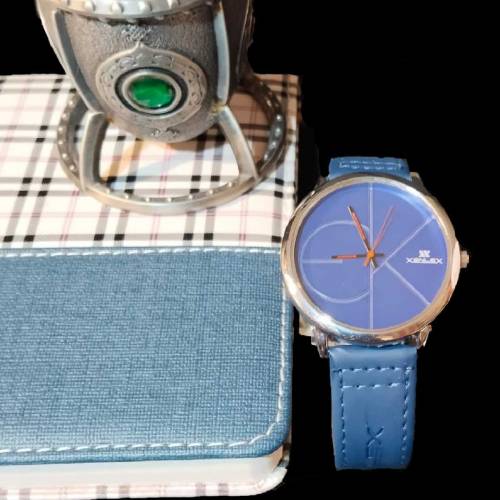 Swiss Tomi Blue Dial Quartz Watch with Genuine Leather Strap