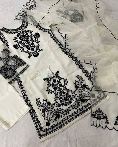 New 3pcs women stitched organza Embroidered suit 