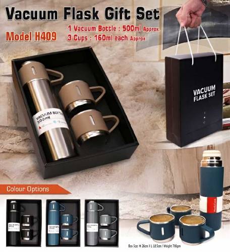 Vacuum Flask Set with 3 Extra 160ml approx Cups and 🎁Gift