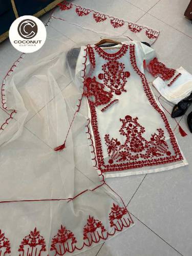Front Heavy Embroidery Shirt With Frill Style Embroidered Dupatta 3PCs