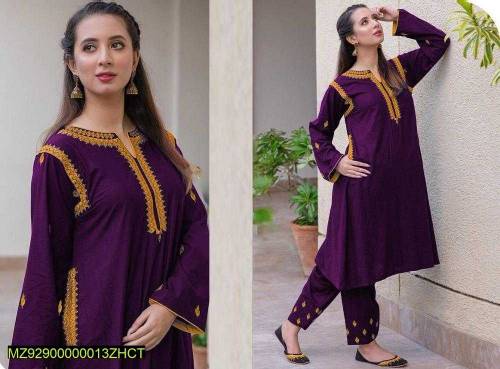 Woman Stitched Linen Embroidered Suit 2 PCs 