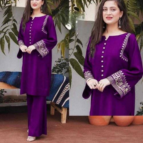 Woman Stitched Linen Embroidered Suit 2 PCs 