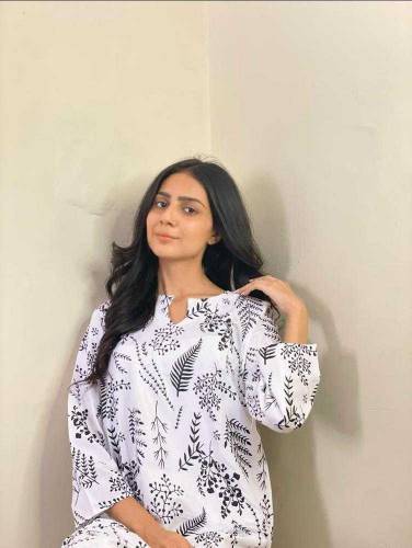 2 Pcs Women's Stitched Linen Leaf Print Suit