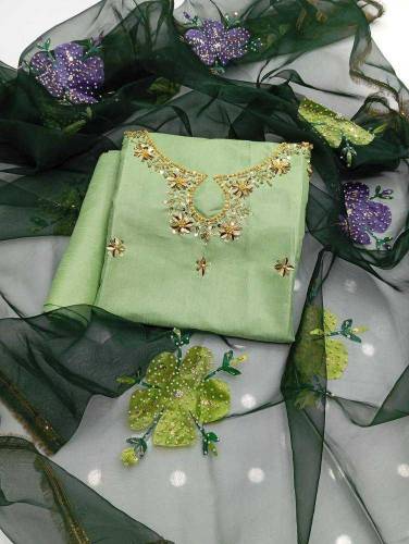women's 3 pcs katan silk hand work suit unstitched