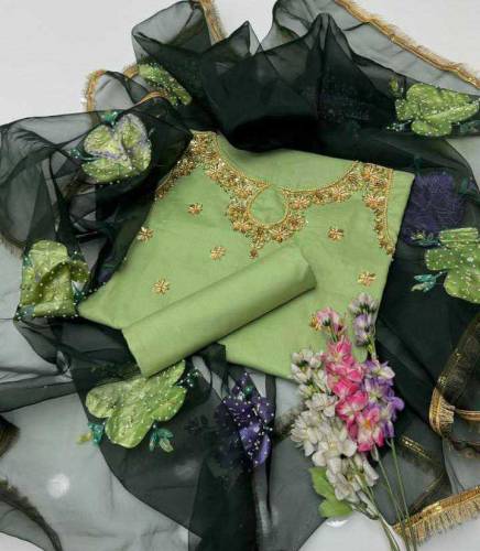 women's 3 pcs katan silk hand work suit unstitched