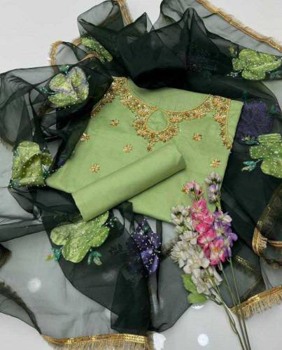 women's 3 pcs katan silk hand work suit unstitched