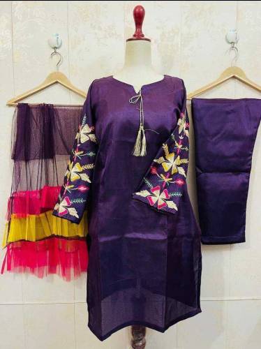 3 pic Women's stitched katan Silk Embroidered suit