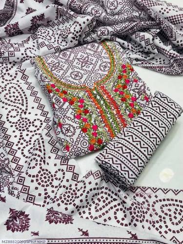 3PCS Woman Unstitched Cotton Printed Suit 