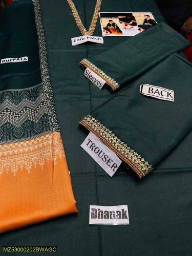3 pcs womens unstiched embroided dhanak suit