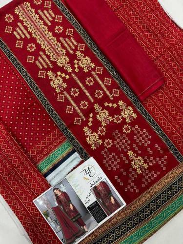 3pcs woman's unstitched khaddar embroidered suit