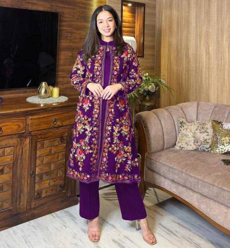 3pc stitched embroidered katan silk gown suit 