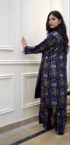 2 pcs women’s stitched linen block printed shirt and trouser