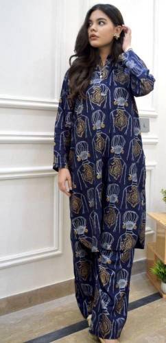 2 pcs women’s stitched linen block printed shirt and trouser
