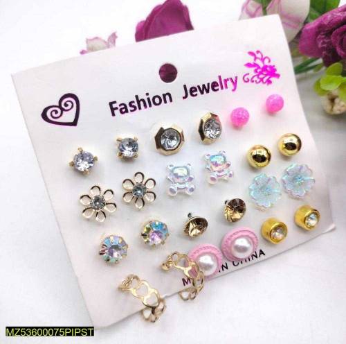Trendy artificial stones ear studs, pack of 12