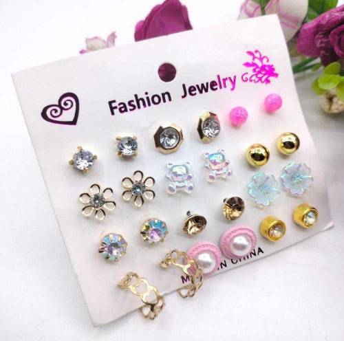 Trendy artificial stones ear studs, pack of 12