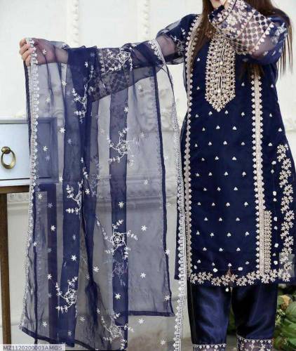 3 Pcs women stitched Organza Embroidered suit