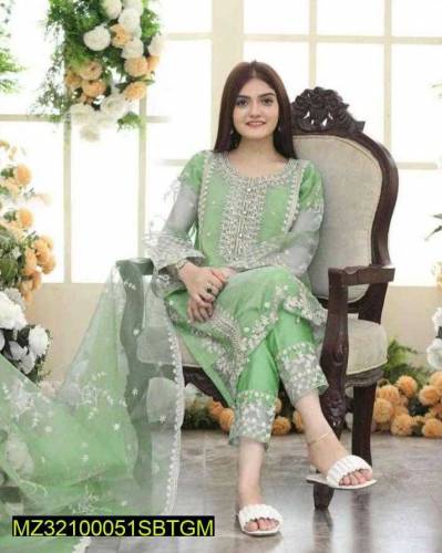 3 Pec Women's Stitched Organza Embroidered Suite 